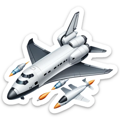 An icon featuring a space shuttle, a drone, and an airplane, symbolizing aerospace technology. The design includes rockets, flight paths, and satellites, representing space exploration and aviation. Transparent background highlights the cutting-edge technologies in air and space travel sticker