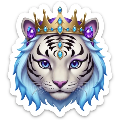 ESO Female white/black tiger khajiit leader of the umbral rose, glowing blue eyes, glowing blue 'third eye' gem; silver crown/tiara with purple gems  sticker