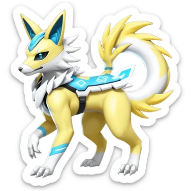 Shiny cyan yellow white electric complex futuristic white-cyber-masked Zeraora-Renamon-Electrike-Umbreon-Lombax-Weregarurumon-fusion-creature (full body sticker