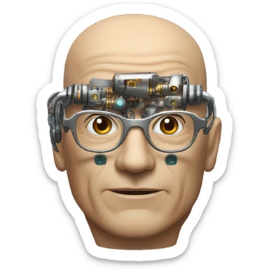Older Male cyborg head with metallic plated face, brown flat top haircut, glasses and circuitry sticker