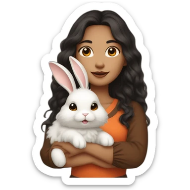 woman with white skin with brown eyes and long wavy black hair in a brown blouse is holding a very fluffy orange rabbit sticker