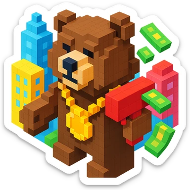 Russian grizzly bear wearing a rapper chain and holding a money gun, with a city background sticker