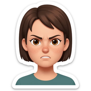 a woman with short hair, hair above her ears. She has freckles on her face. She has brown eyes. She's angry. sticker