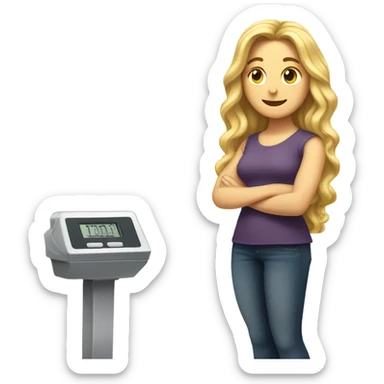 White woman, long hair, blonde hair, wavy hair, standing on scale, weight loss sticker