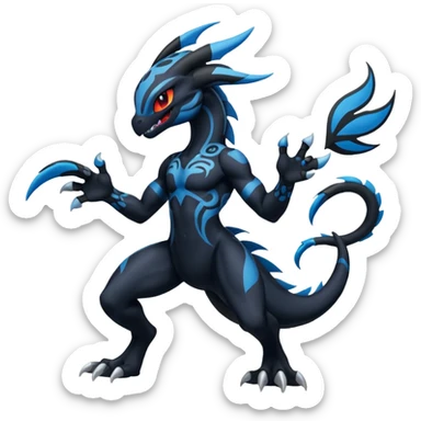 Black and Blue Meloetta-Venom-Stitch-Zekrom-Salandit-fusion, full body, tribal markings  sticker