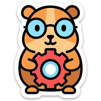 studious guinea pig with glasses holding a gear, cute outlined colorful style sticker