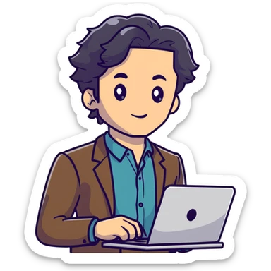 Business strategist man with black wavy hair, stubble, chiseled face, wearing blazer and button-up shirt, holding laptop, confident expression sticker
