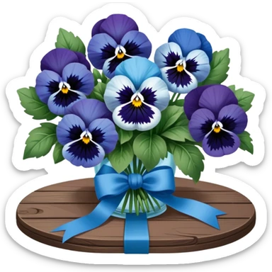 A beautifully tied deep green ribbon wrapped around a bouquet of soft blue pansies, displayed on an antique wooden table. sticker