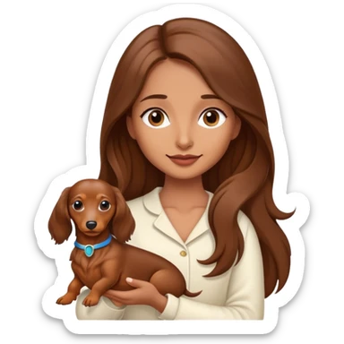 Long brown hair girl holding mini cream long haired dachshund  sticker