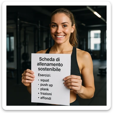 Edit the image to remove the 'Consigli' section from the text on the training sheet. Keep only the text: 'Scheda di allenamento sostenibile', 'Esercizi: squat, push up, plank, trazioni, affondi'. The sustainability refers to the training path, not eco-friendly elements. Maintain a hyperrealistic style, 4K resolution, modern gym setting. sticker