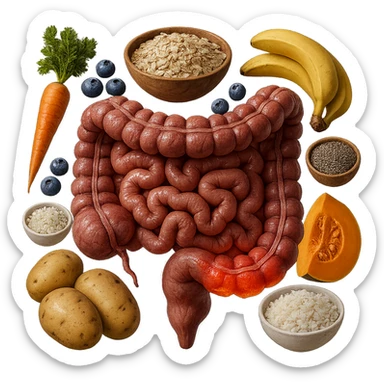intestino umano anatomico infiammato con carota, bowl di avena, mirtilli, bowl di semi di chia, patate, banane, zucca, bowl di riso che gli fluttuano dietro, iperrealistico 4k sticker