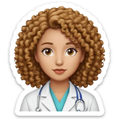 woman with curly hair, light brown skin, wearing hospital lab coat sticker