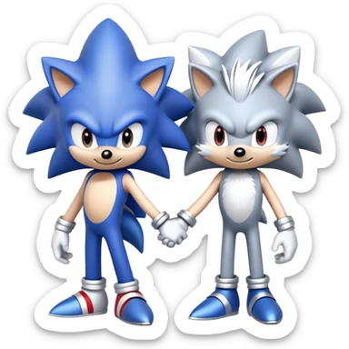 Blue Sonic the Hedgehog and silver-colored Silver the Hedgehog holding hands together side by side sticker