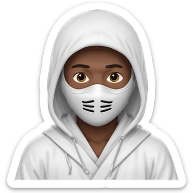 All white ninja robe with white mask to cover face and neck with a hoodie on and dark brown skin color sticker