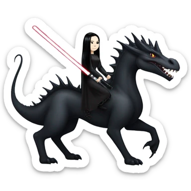  beautiful armored teen Morticia Addams Jedi riding on the back of a very large black shiny dragon sticker