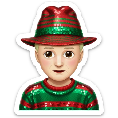 Freddy Krueger with red and green stripe sequin sweater, dark brown sequin hat sticker