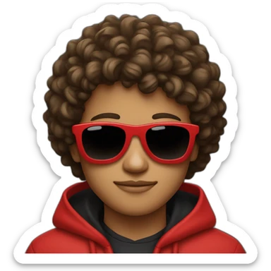 Square-jawed boy with curly hair and black sunglasses red hoodie sticker