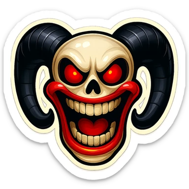 Make this image even more similar to the reference in every possible way: match the skull shape, horn size and curve, eye color and shape, mouth expression, teeth, and all sticker details. Keep the subject fully inside the image borders. High quality, retro sticker style. No changes except to increase similarity to the reference image. sticker