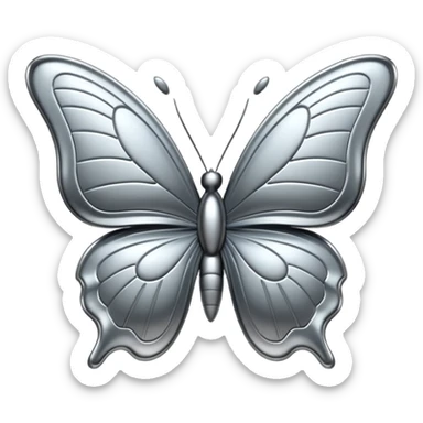Liquid metal butterfly emoji, silver chrome material, iOS emoji style, smooth curves, reflective surface, elegant and minimal, white background sticker