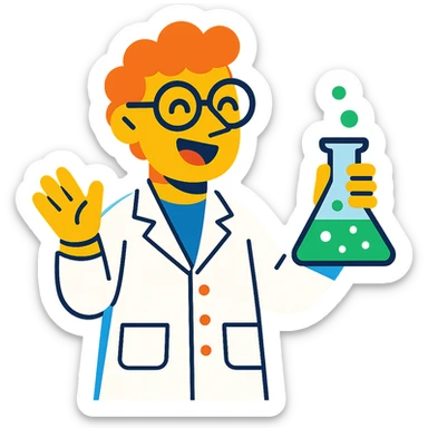 cheerful scientist character wearing a lab coat and glasses, holding a beaker sticker