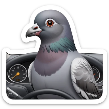 pigeon parking a car, bird using steering wheel and parking sticker