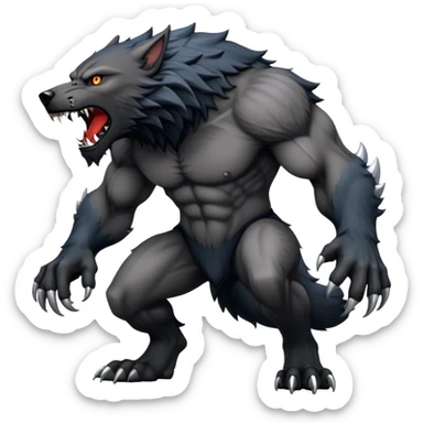 cinematic-noble-fierce-werewolf-full body on all fours-emoji, poised-and-imposing, with a tall, lean, and muscular wolfish frame inspired by the brutal, imposing shape of the beast from Berserk, fur rippling in shades of midnight black and silver, massive paws with razor-sharp claws, elongated limbs and fangs, eyes glowing with an intense, primal ferocity, reflecting the untamed power of the wild moonlit night; rendered with realism sticker