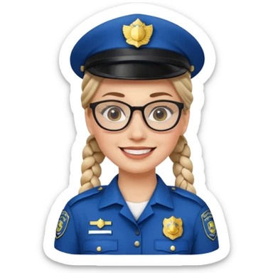 white woman, braided hair, wear police's uniform and glasses sticker
