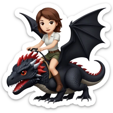Me, a white female with brown hair, riding a black wyvern with a tiny bit of red that has only two legs to your work sticker