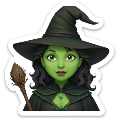 elphaba the wicked witch from wicked movie (cynthia erivo) dark long curly hair, thick lips, green skins, witch hat, witch broom, evil, wicked musical film, smirk sticker