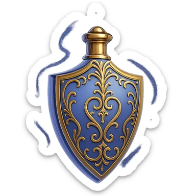 shield-shaped luxurious elixir bottle inspired by the reference, color #7986cb, gold filigree, magical glowing effects, very small golden neck, seamless bottom, transparent background, floating, no base or shadow, modern, matching a collection sticker