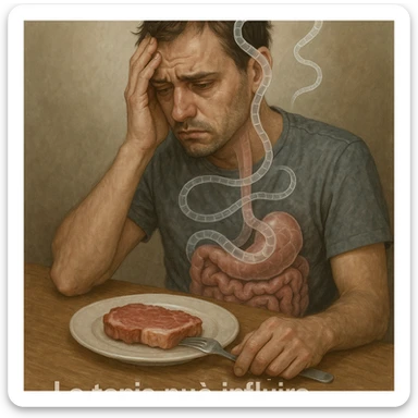 realistic illustration: man with depressed expression, pork meat on plate, transparent tapeworm wrapped around intestine and rising towards head, text in Italian: 'La tenia può influire sulla mente', 4K quality sticker