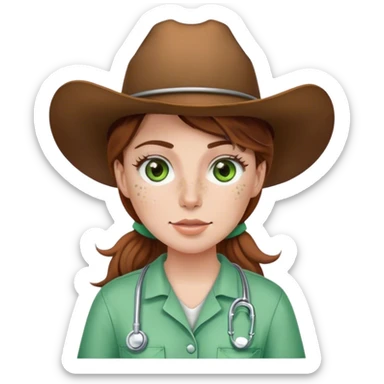 Pale Woman with brown hair and green eyes and freckles on her cheek bones wearing scrubs and a cow girl hat sticker