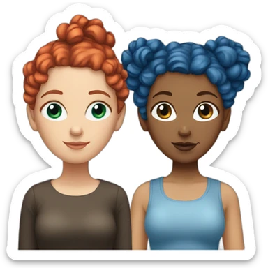 White girl with curly hair in two buns, one with red hair and the other with blue hair sticker