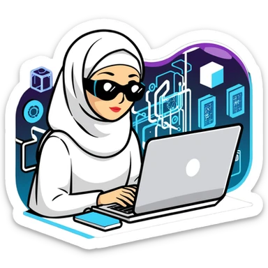 computer engineer with white hijab immersed in augmented reality, surrounded by floating metaverse elements, digital codes, virtual machines, tech graphics sticker