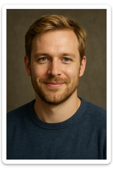 A 35-year-old man with blonde hair, blue eyes, a light beard, and a friendly smile. sticker