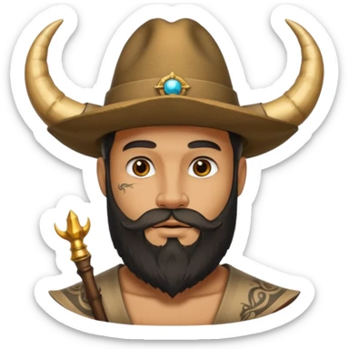 Bearded figure — large hat with horn, tattoo on face sticker