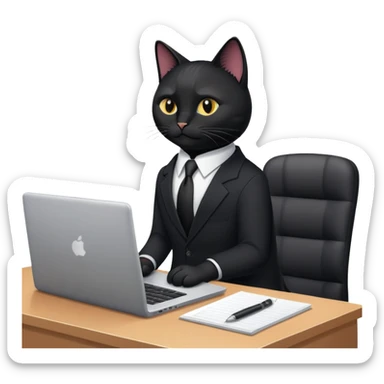 Black cat in a black business suit in an office with laptop sticker