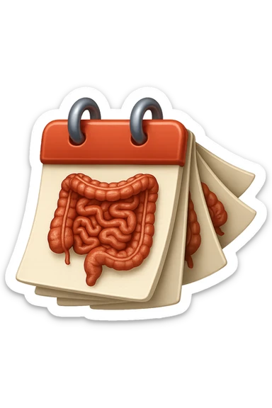 emoji stile iphone di un calendario con fogli che volano insieme, sui fogli ci sono disegnati degli intestini anatomici, iperrealistico 4k, isolato su sfondo bianco sticker