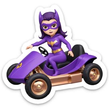 Hot full size real-appearance retro electric racing action BatGirl’s feminine midnight-purple tight outfit sixty’s tv show 1992 stealthy retro sporty safe plush petite off-road pursuit cruiser car rose gold accents (black hair,reclined and relaxed torso seating position) go kart  sticker