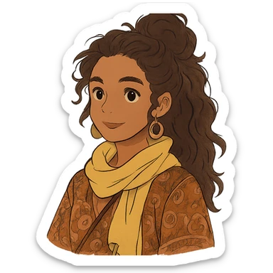 bohemian style girl with brown skin, long brown curly hair tied high, wearing a lemon yellow scarf and round earrings sticker