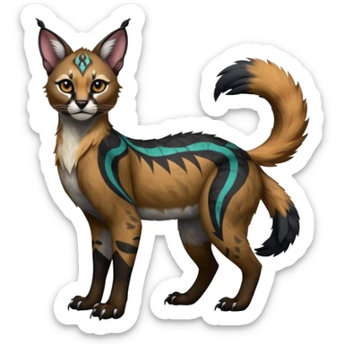 Colorful dark black gloomy spooky pointy foggy smoky points-marked tribal patterned glorious colorful hyper-realistic exotic cute cool beautiful beautiful fantasy-caracal-civet-genet-sergal-vernid-Gryphon-Cacomistle-Trico-oncilla-animal-Fakémon-hybrid-fursona (full body) sticker