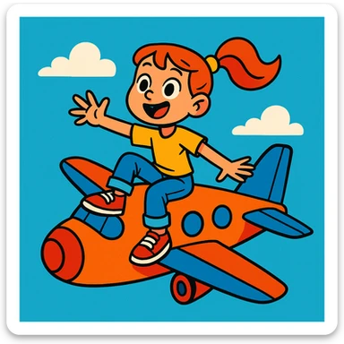 a girl sitting on top of an airplane, playful and adventurous, clear sky background, vibrant colors sticker