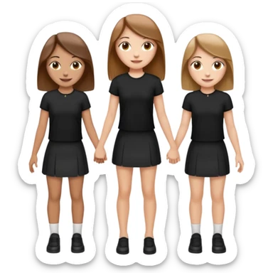 emoji of a girl with long, straight light brown hair, fair skin, soft brown eyes. Wearing a stylish black top and mini skirt. Full-height, standing confidently with shoulders back, head up, smiling proudly. Surrounded by 3men and one woman next to her, holding hands. sticker