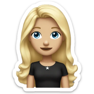 Girl with a blond hair, light blue eyes wearing a black dress and black all star  sticker