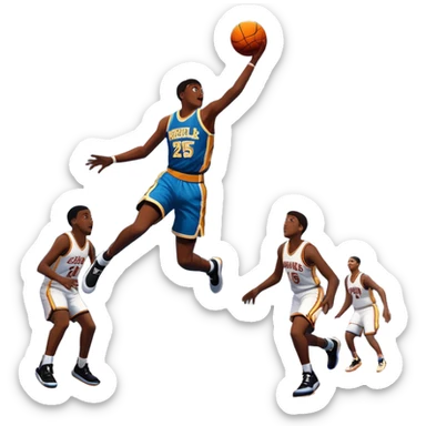 An icon featuring a basketball court with players in action, inspired by NBA 2K25. A player jumps for a dunk, with the ball mid-air. Bright lights illuminate the court, symbolizing the excitement of sports simulation games. Transparent background emphasizes the energy. sticker