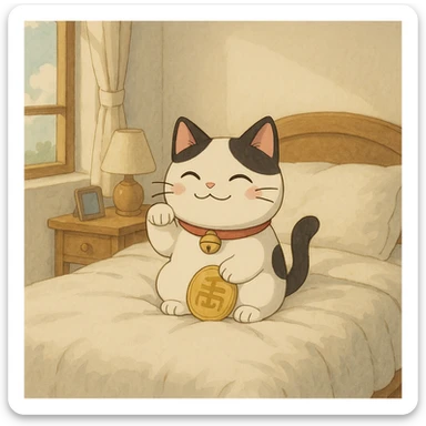 White and black Chinese lucky cat in a cozy white bedroom, kawaii  sticker