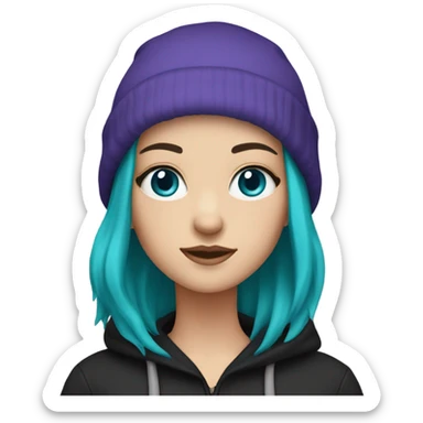 White girl, blue eyes, long teal hair, purple beanie hat, black hoodie sticker