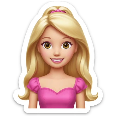 A Barbie-inspired Apple emoji character, big shiny emoji eyes, long blonde hair, wearing a pink dress, smiling, 3D Apple emoji style, clean white background, soft shading. sticker