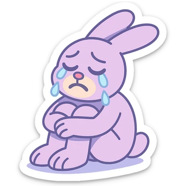 lilac bunny hugging knees while crying, soft emotional expression, pastel toon style sticker