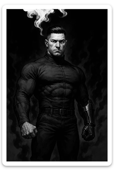 Cinematic Black and white comic book panel of an extremely muscular Italian man with cybernetic implants standing in the dark, surrounded by smoke. He is wearing a long-sleeved shirt with a high collar, and his chest is sculpted. sticker